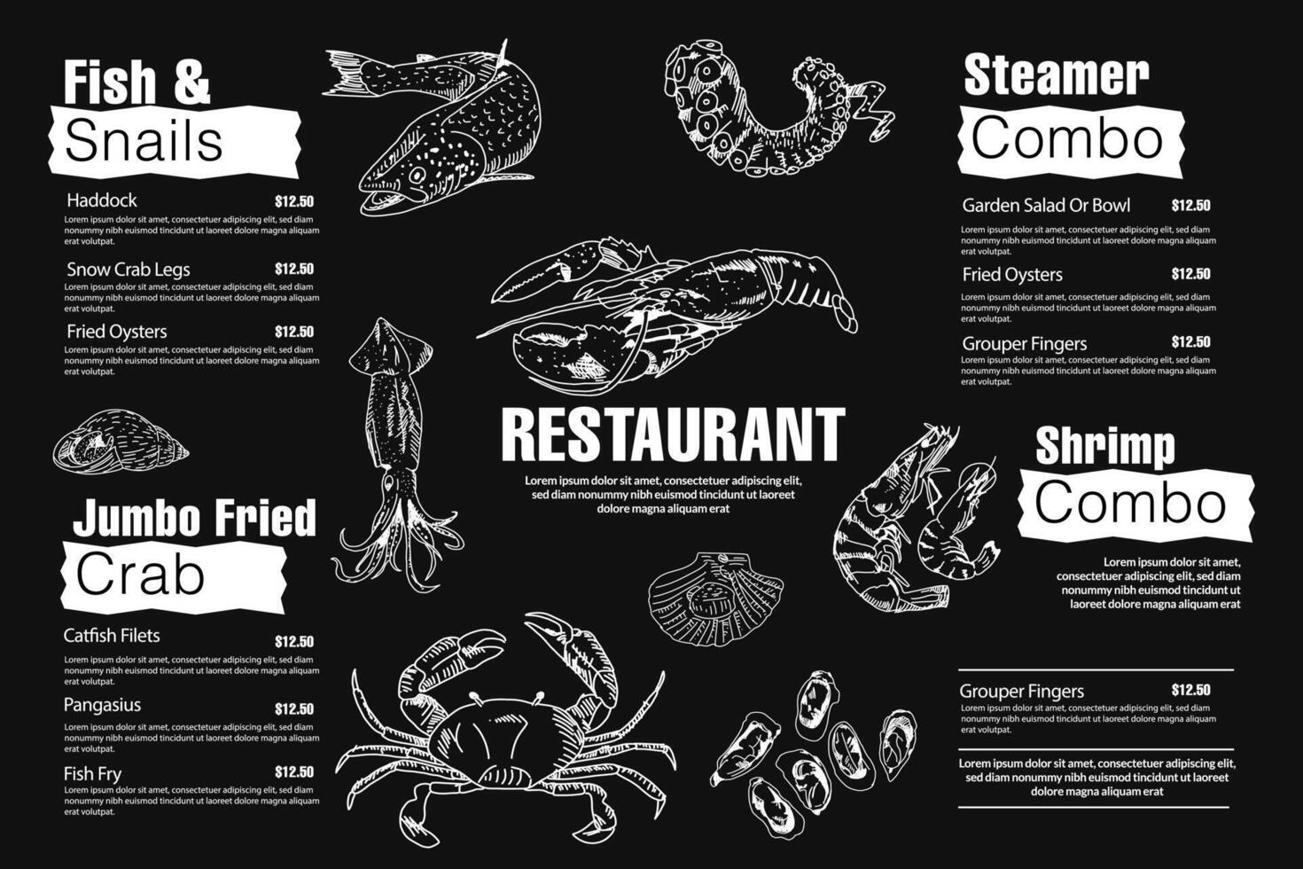 Seafood design for menus and posters. Drawn in traditional style. vector