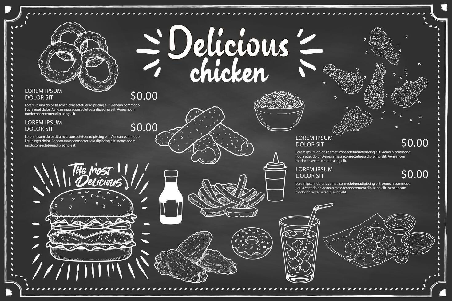 Hand-drawn fried chicken menu, suitable for creating a rustic effect in menu designs. vector