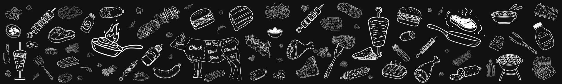 Meat products illustration. Prepared in traditional drawing style. An aesthetic element for poster and menu templates. vector