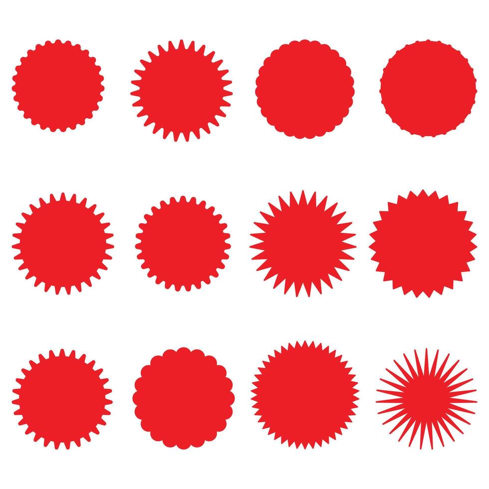 The Starburst Sticker Set is a collection of round sunburst stickers that are sold as a special offer. A set of Red starburst stickers. Special offer price tag. A sticker with a price. vector