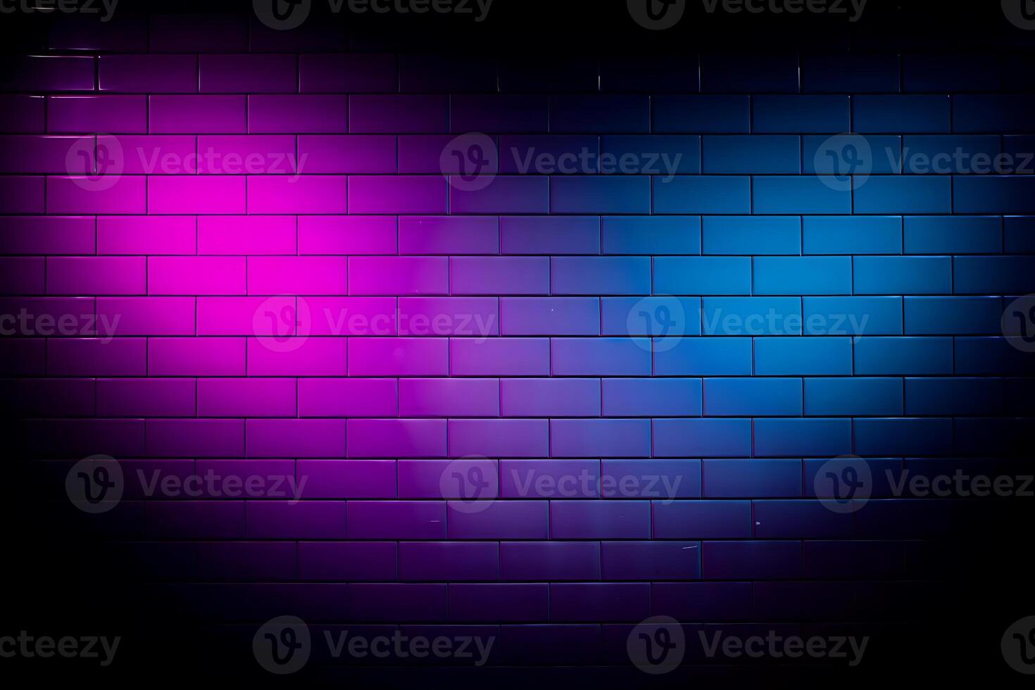 Colorful brick wall illuminated with pink and blue gradient lighting creating a visually appealing background texture photo