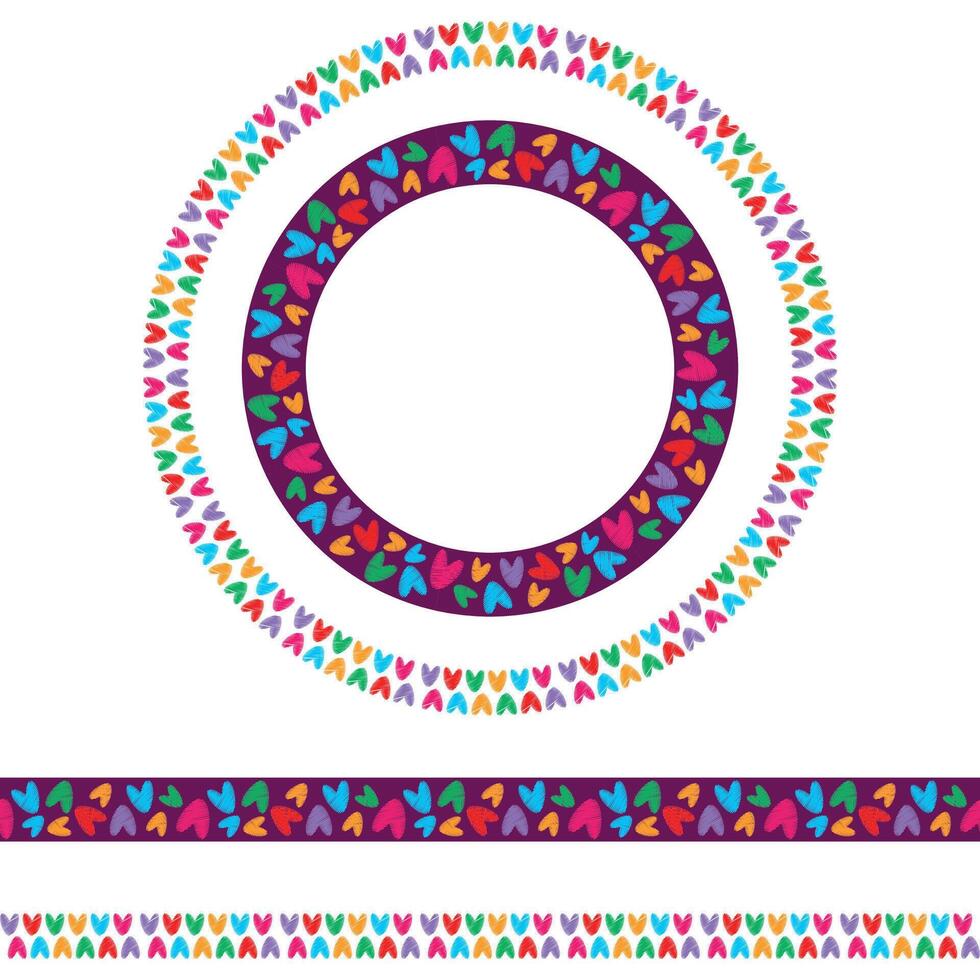 A repeating seamless border with knitted hearts, a border of ribbon hearts, and various color variations. vector
