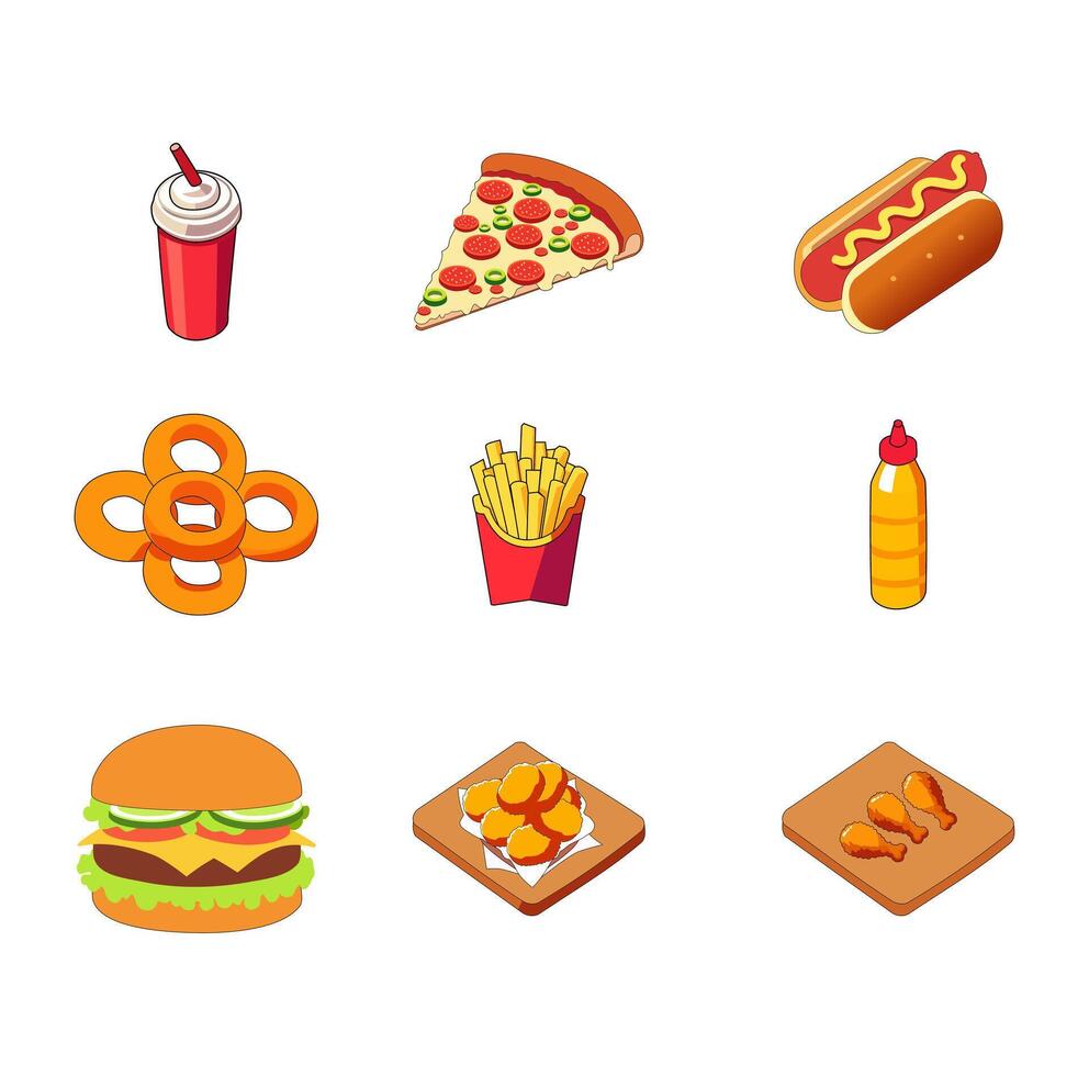 Cartoon Set 9 Icon Delicious Fast Food Digital Vectors Illustration