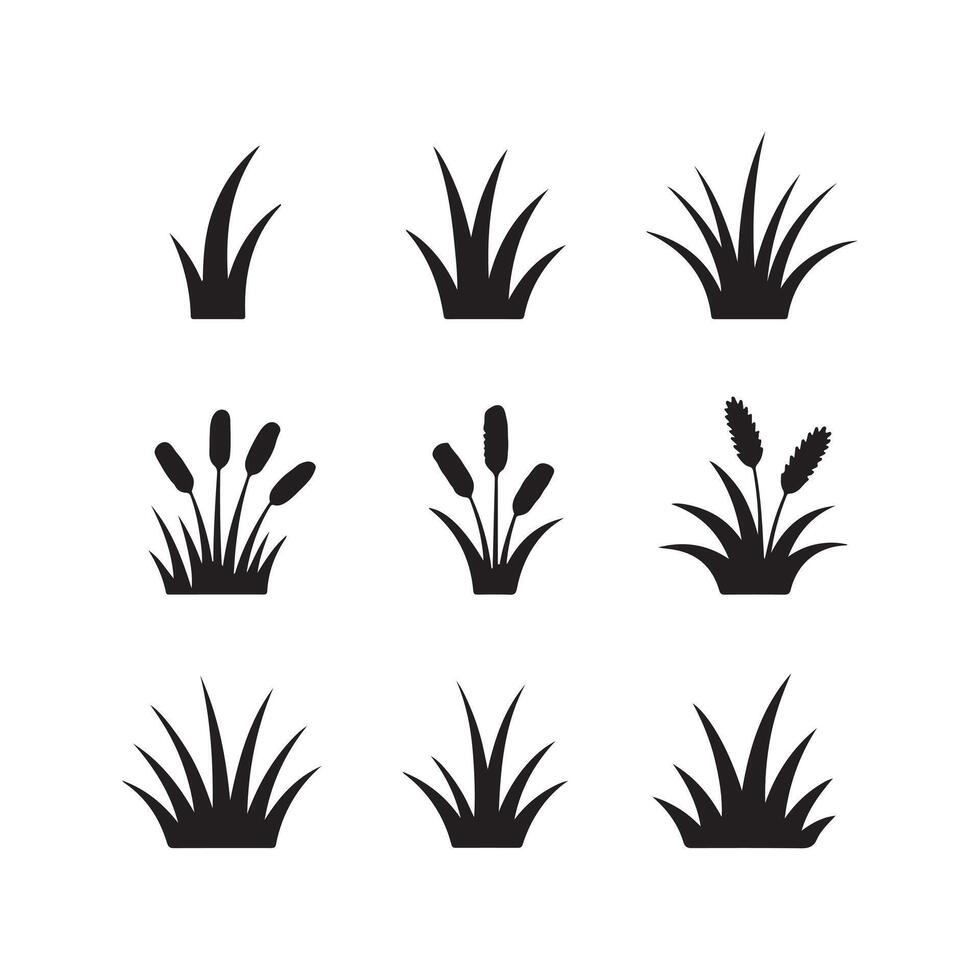 Grass icon set, black and white illustration vector