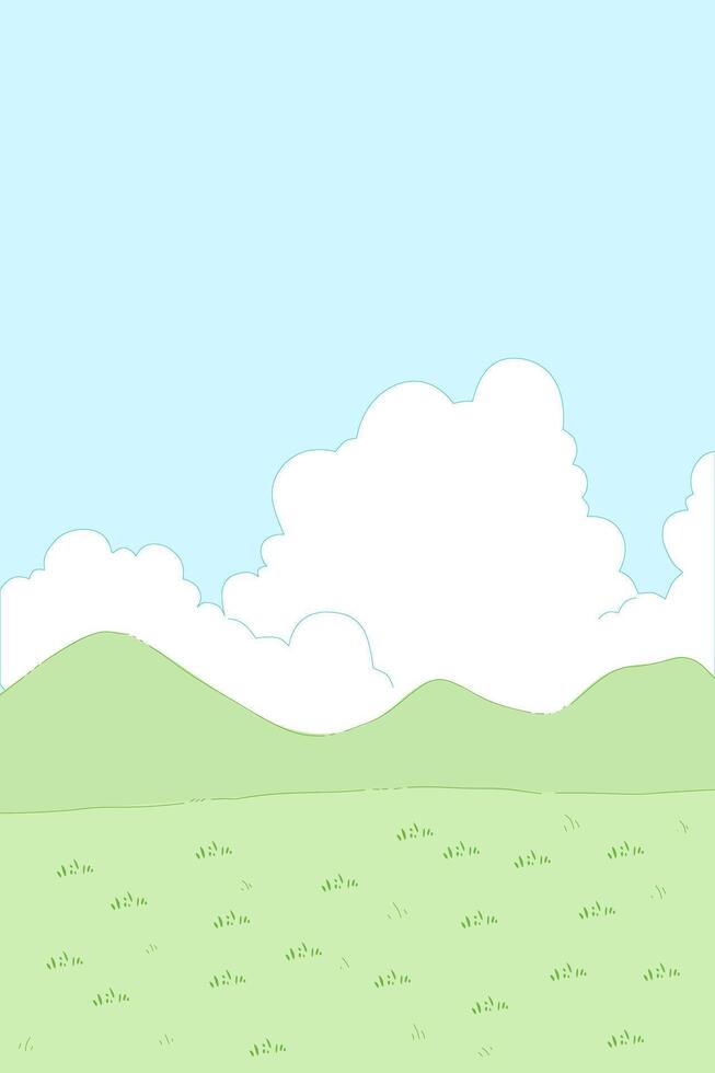 A cartoon landscape with a green field and clouds vector
