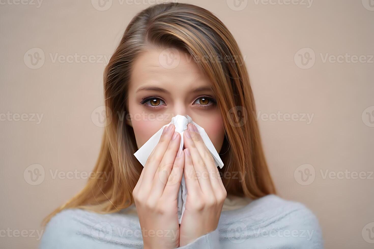 Young woman suffering from cold and allergies holding tissue and addressing sickness in a close up portrait photo
