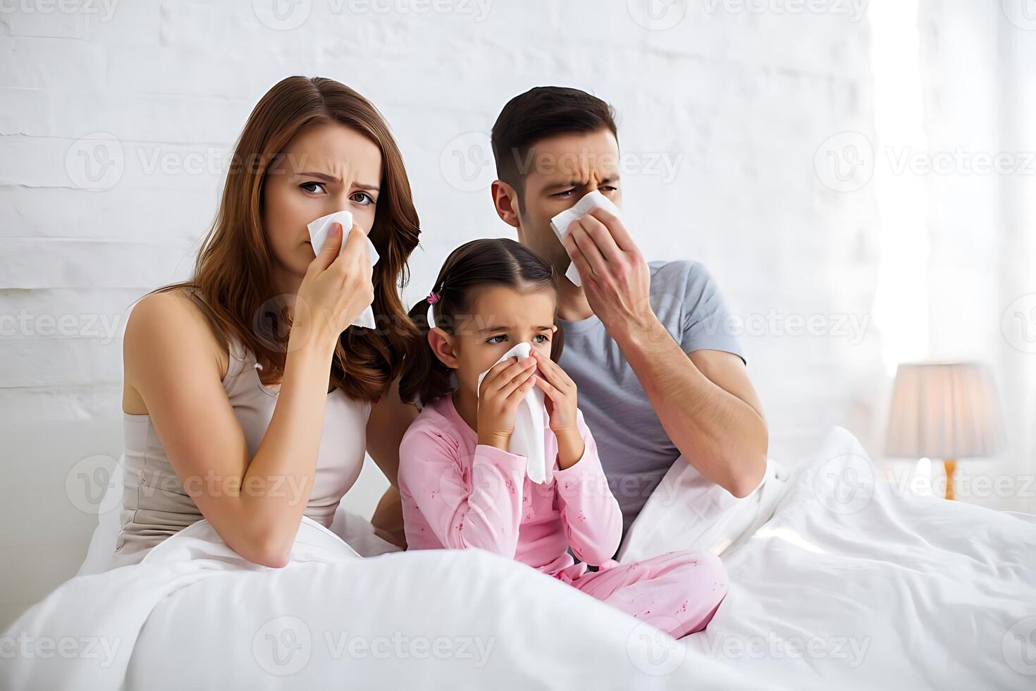 Family suffering from a cold or flu symptoms in bed using tissues with expressions of sadness and discomfort at home photo