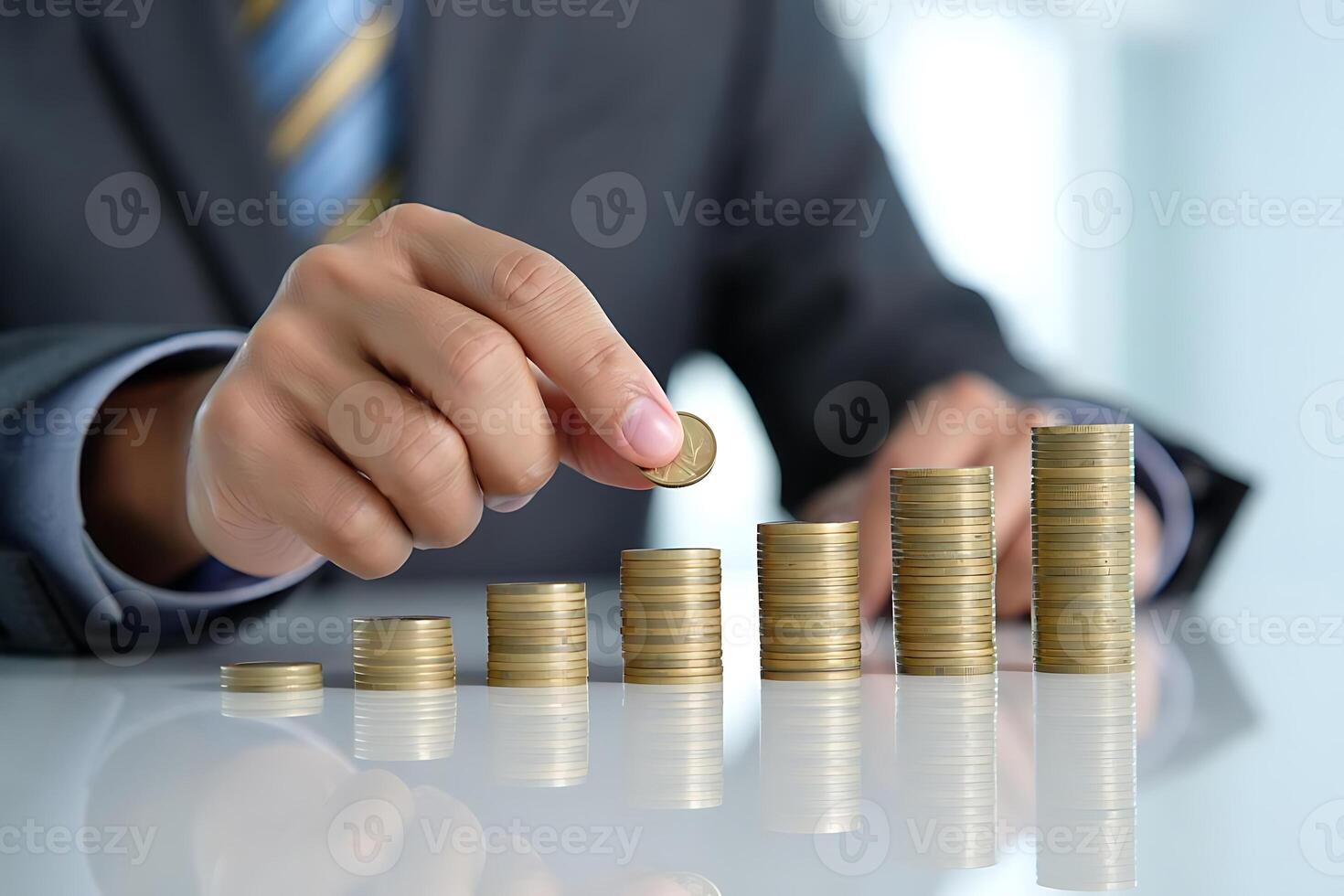 Businessman arranging coins into stacks representing financial growth and investment success on a reflective surface photo