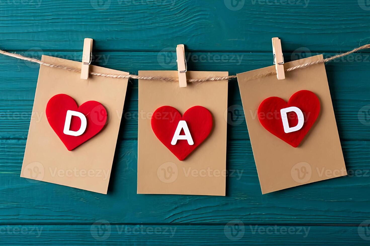 Father's day greeting with hearts and letters spelling dad on kraft paper and turquoise wood photo
