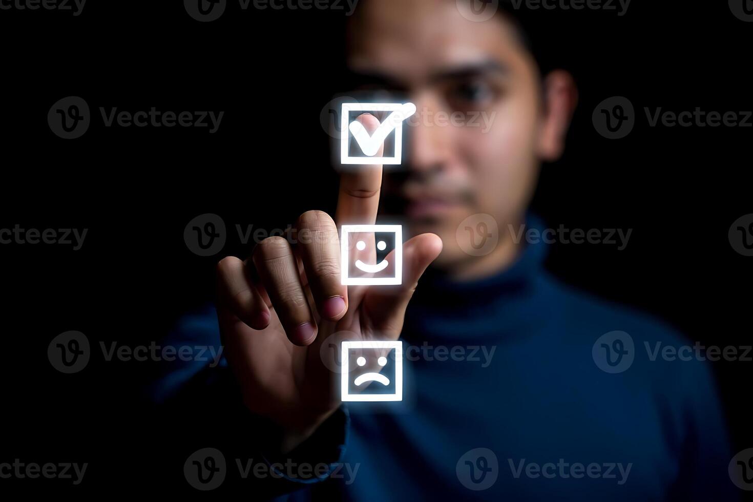 Person selecting positive feedback or agreement with glowing checkmark icon demonstrating customer satisfaction and approval ratings photo