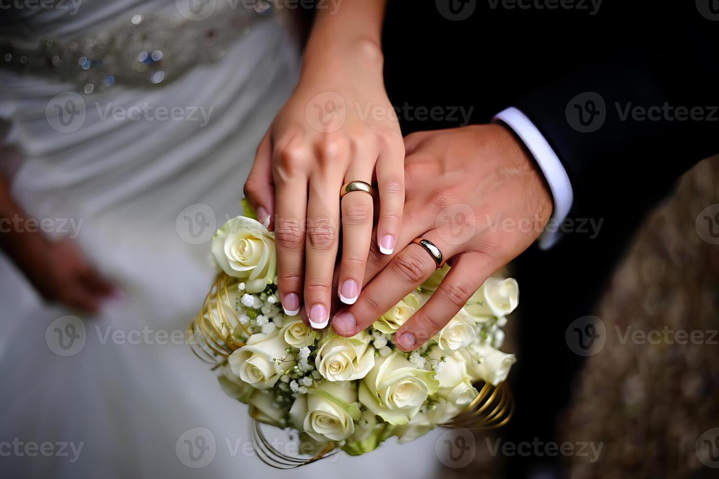A close up image capturing the hands of a newlywed couple showcasing their wedding rings on their special day with a flower bouquet. photo