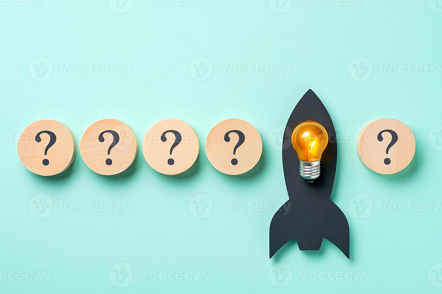 Innovative concept illustrating ideas and solutions represented by a bright lightbulb inside a rocket beside question marks photo
