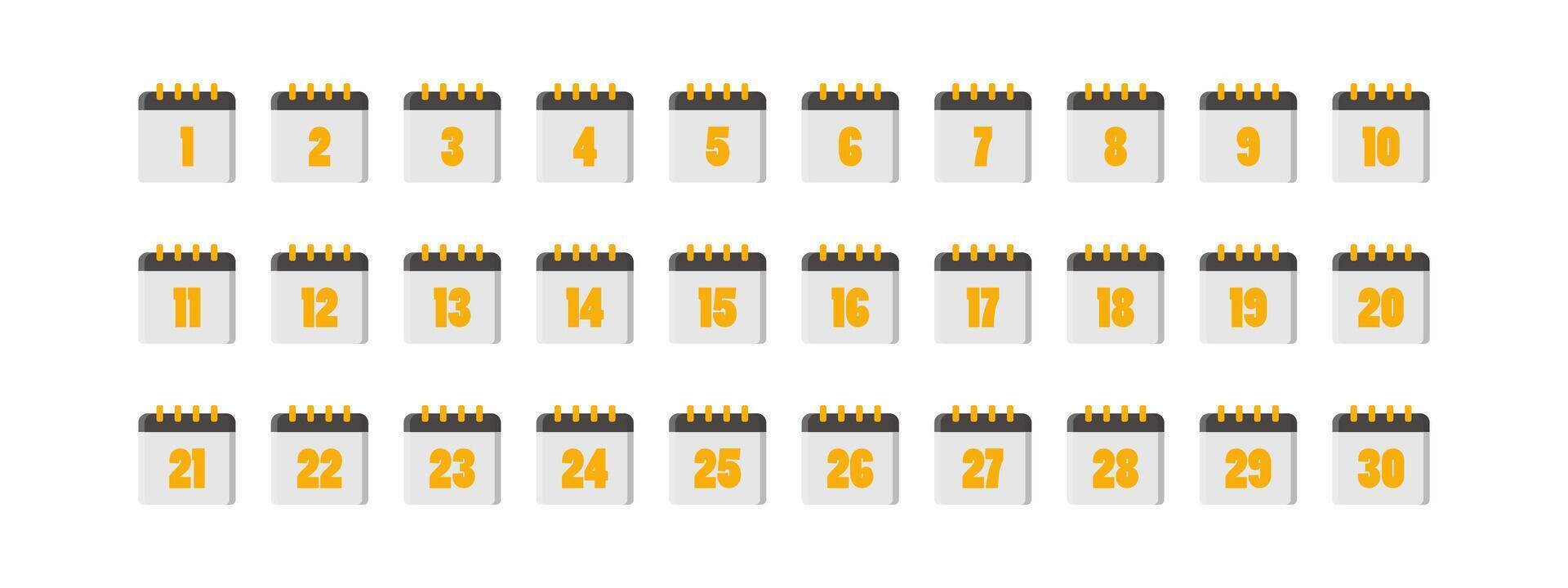 The 30-icon calendar is useful for creating countdown charts, event promotions, social media posts, blog content, and educational materials. vector