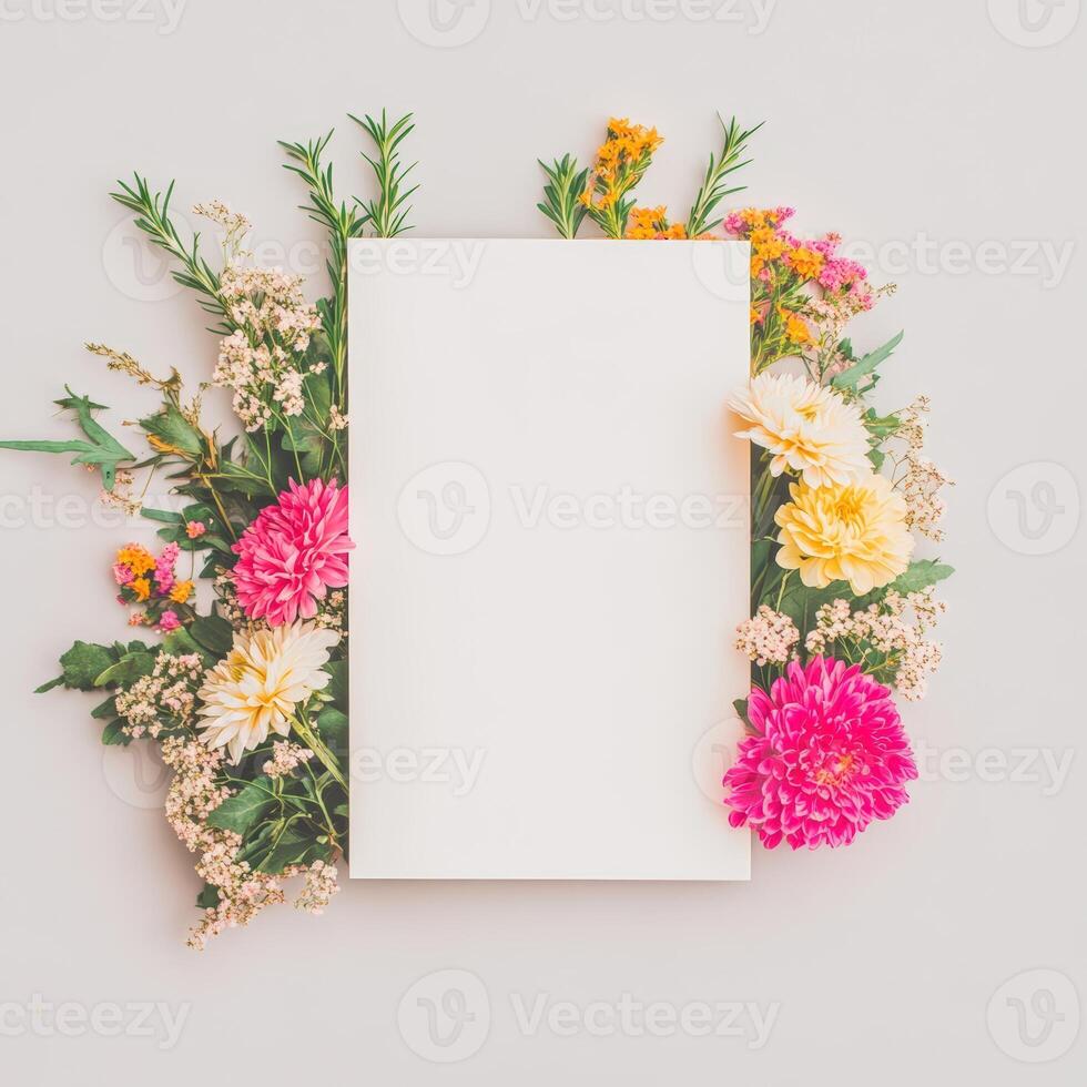 Blank Card Framed by Assorted Flowers and Greenery photo