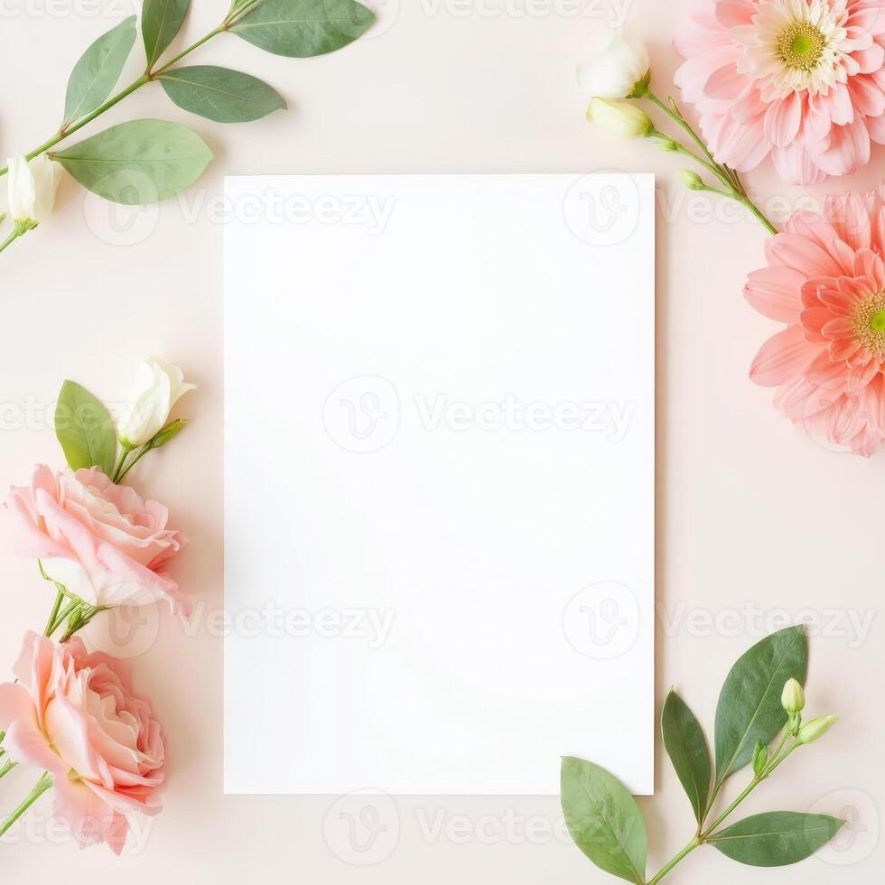Blank a4 page with Pink and White Flowers and Greenery on Pale Pink Background photo