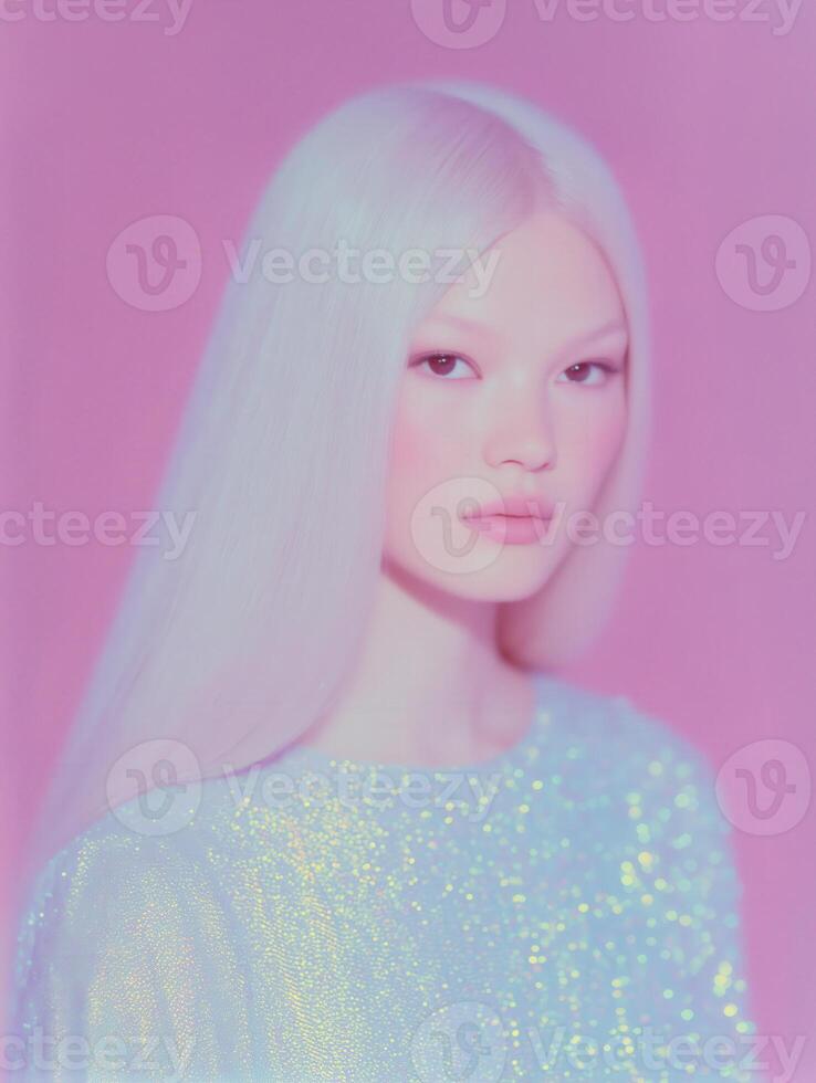 Portrait of Woman with Blonde Hair and Iridescent Top photo