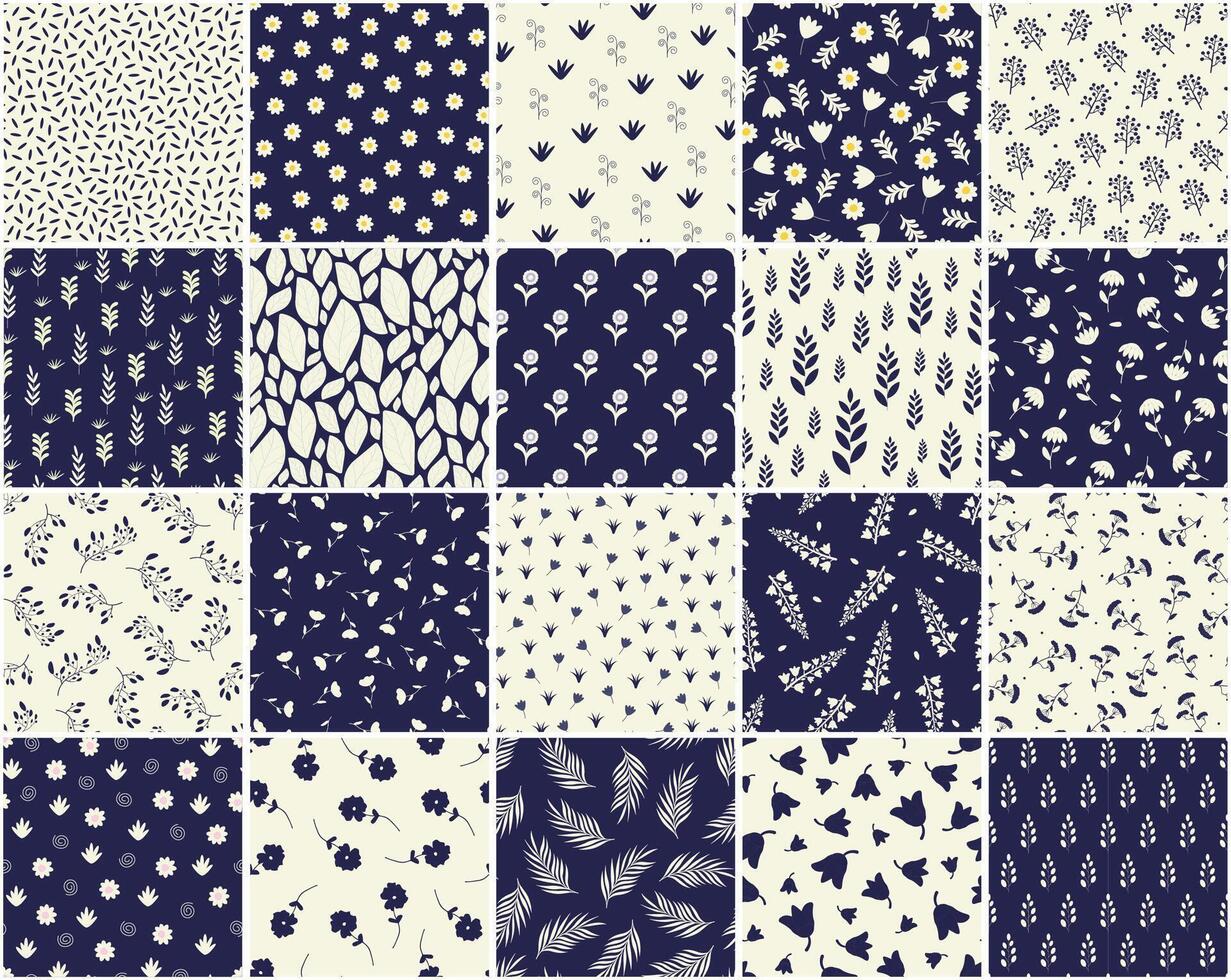 Collection of elegant floral seamless patterns. Drawing repeatable spring nature beautiful fabric backgrounds with branches, leaves and flowers. Blue and beige design. Textile endless prints vector
