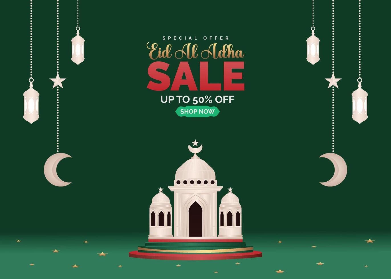 Eid Al Adha special sale. Celebrate the festival of sacrifice with 50 percent off. Features sheep, lanterns, crescent moon and mosque in a festive Islamic design vector