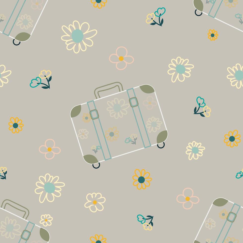 Outlined suitcase pattern with retro floral design vector