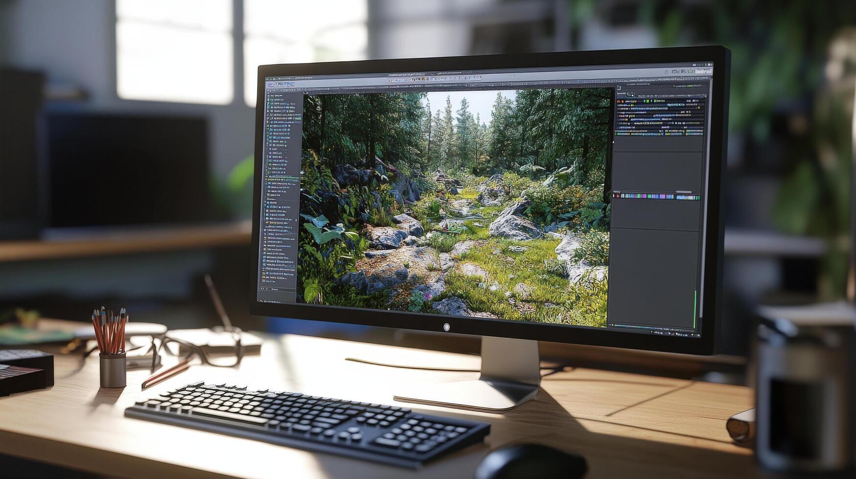 Digital display screen showing a rendered forest scene. photo