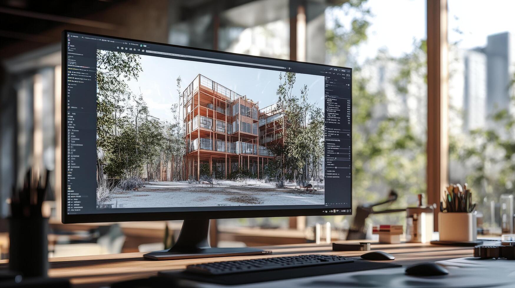 Architectural design rendering displayed on a computer monitor. photo