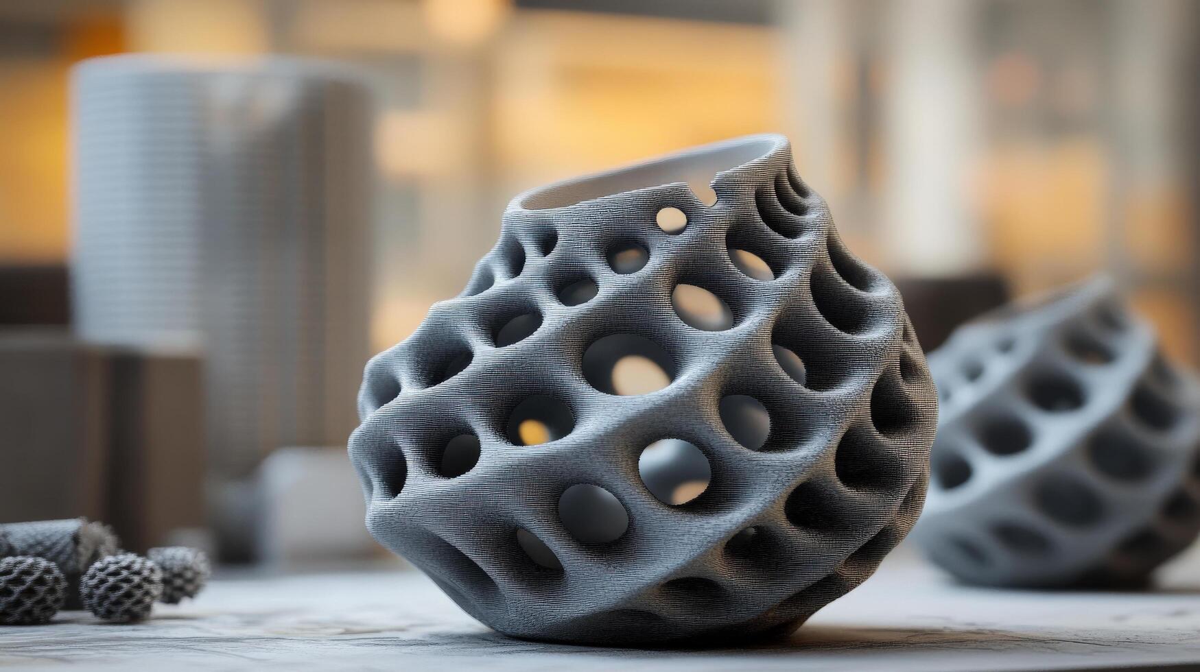 Grey, intricate 3d printed decorative object on a wooden surface. photo
