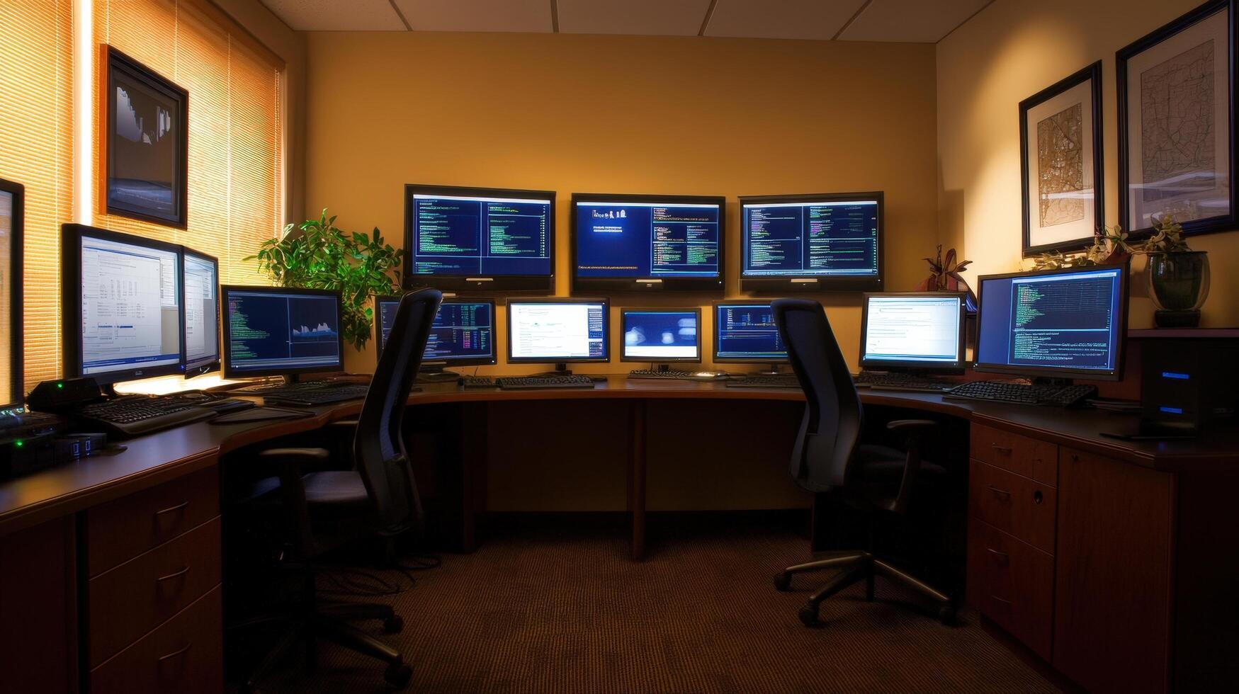 Well-lit office space with numerous computer screens. photo