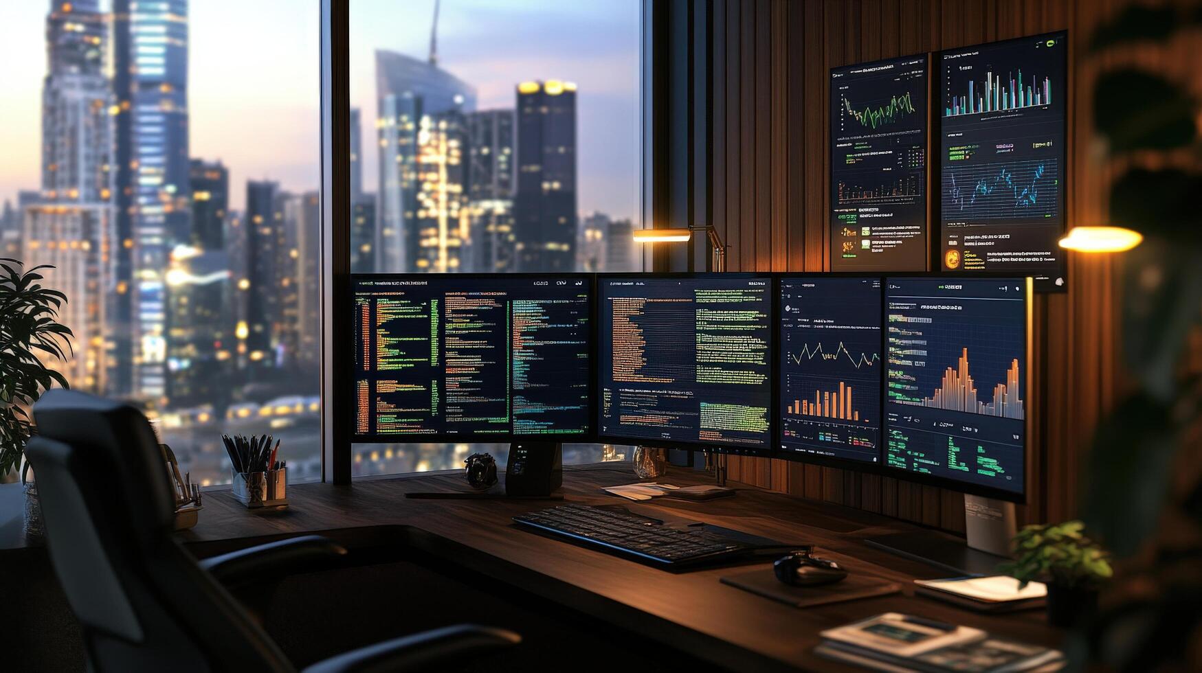 Modern workspace with city views and multiple monitors. photo