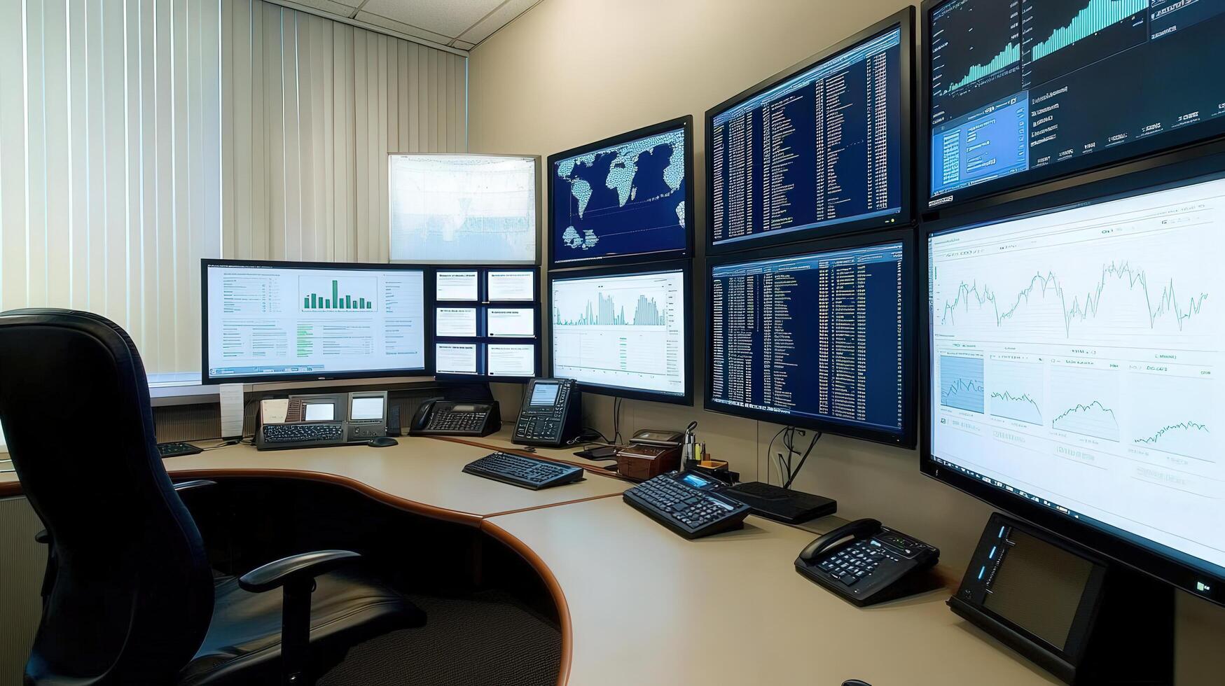 Multiple monitors displaying data in a modern office workspace. photo