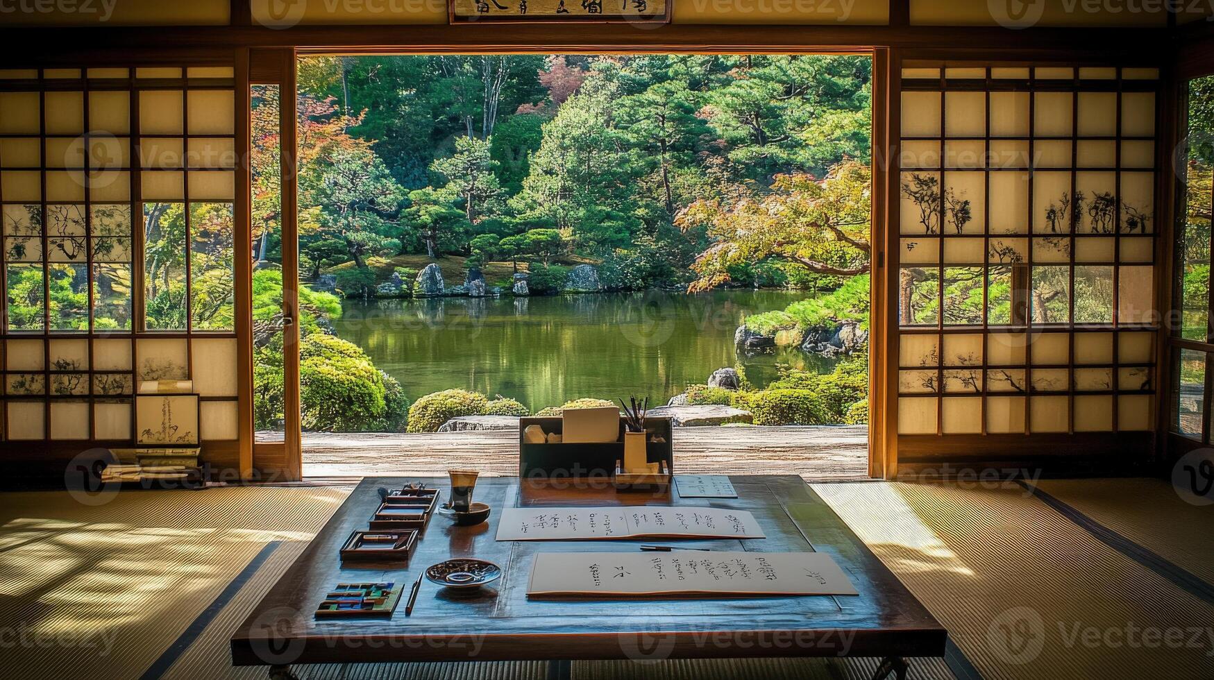 Tranquil Japanese interior with garden vista. photo
