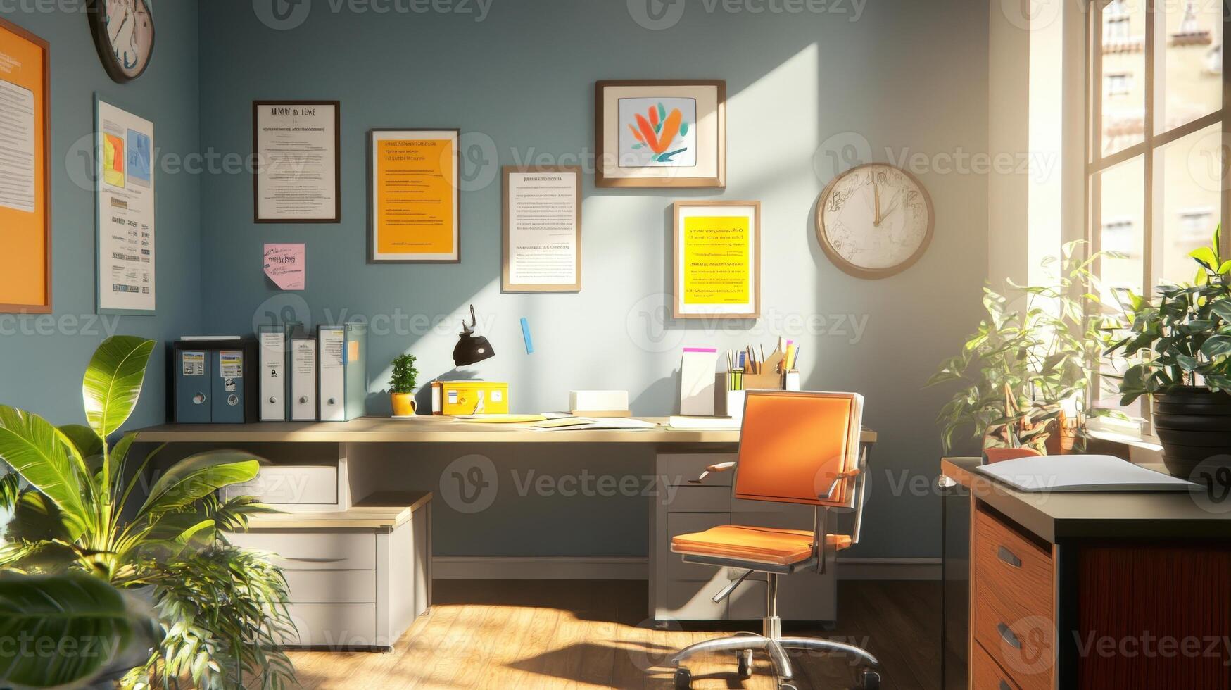 Sunlit corner office interior with vibrant decor. photo