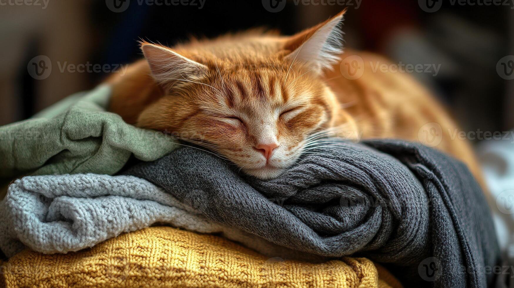Relaxed ginger cat resting atop a stack of clothes. photo