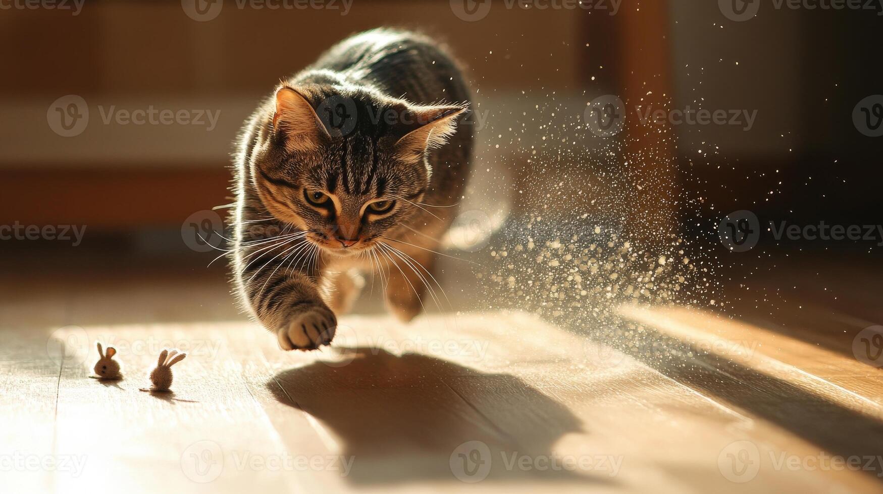 Playful tabby cat chasing tiny toys on a sunny floor. photo