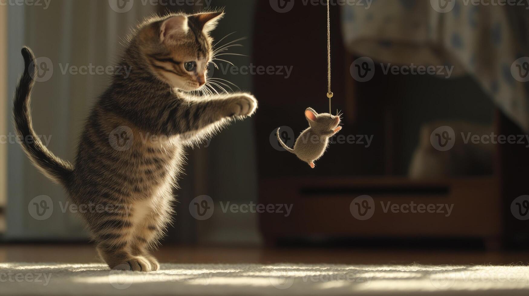 Playful kitten and toy mouse in a warm interior. photo