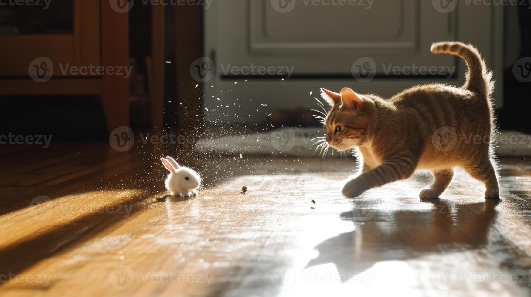 Playful ginger cat and white toy rabbit on wooden floor. photo