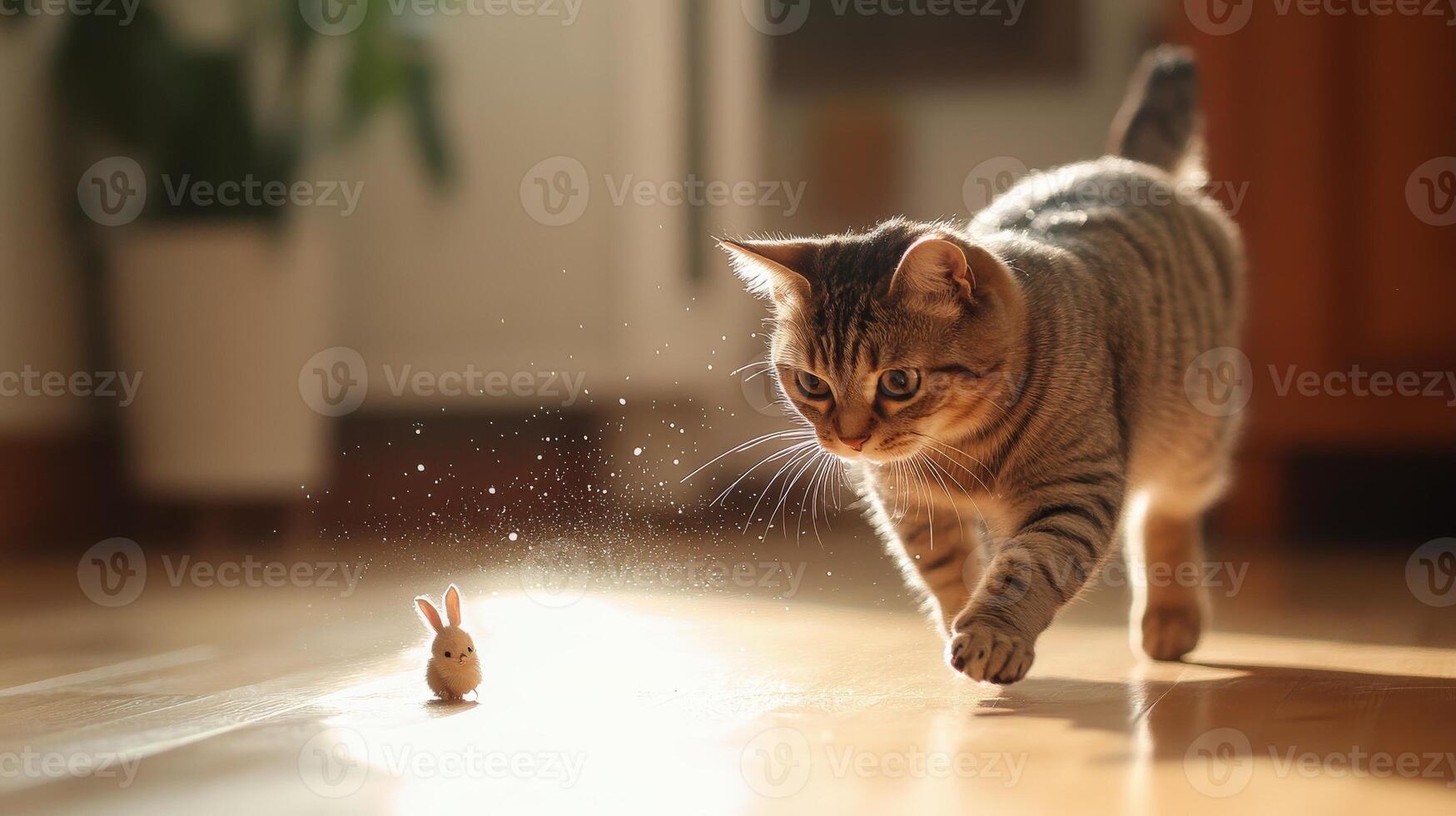 Playful tabby cat chasing a small toy rabbit. photo