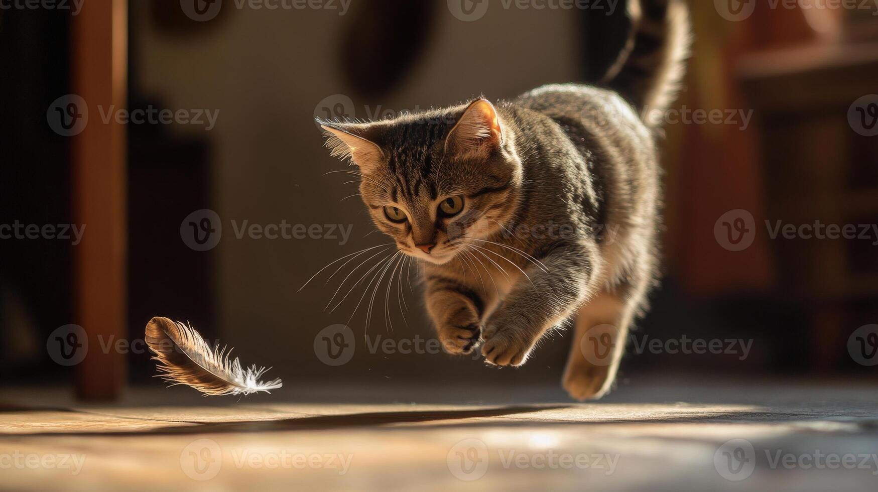 A playful tabby cat leaps in mid-air, chasing a feather. photo