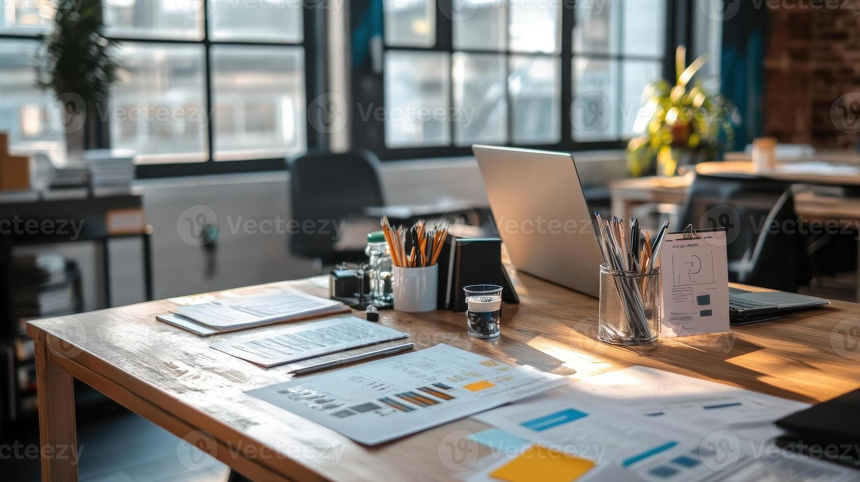 Modern workspace desk with documents and laptop. photo