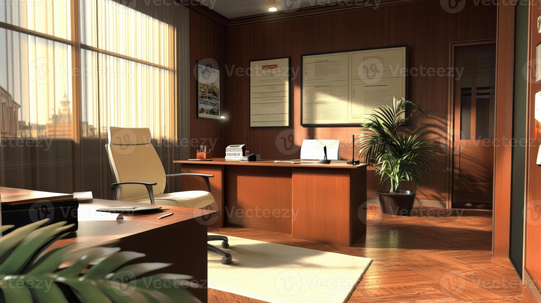 Sunlit, modern office interior design, furnished with warm tones. photo