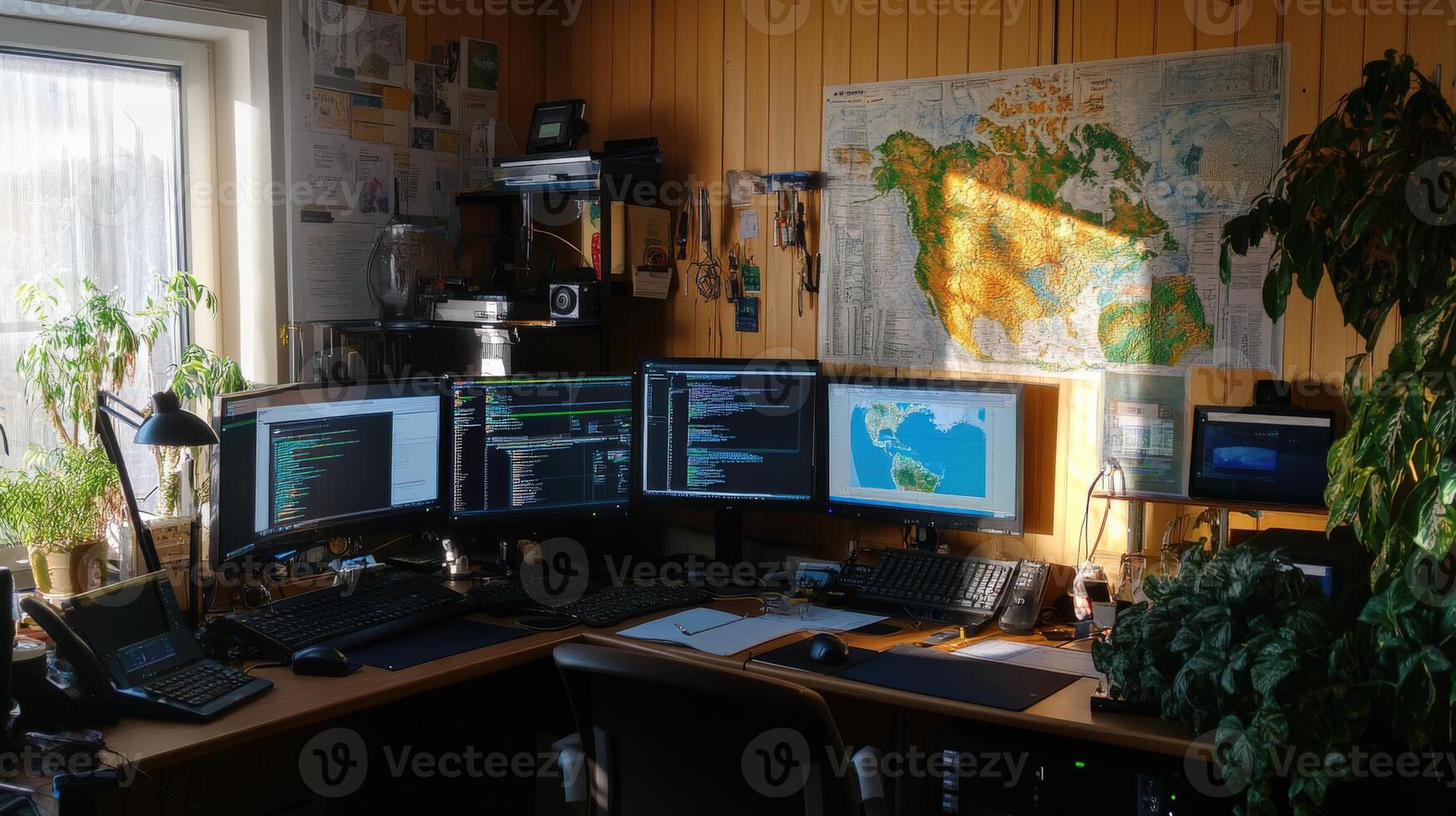 Organized workspace with multiple monitors and plants. photo