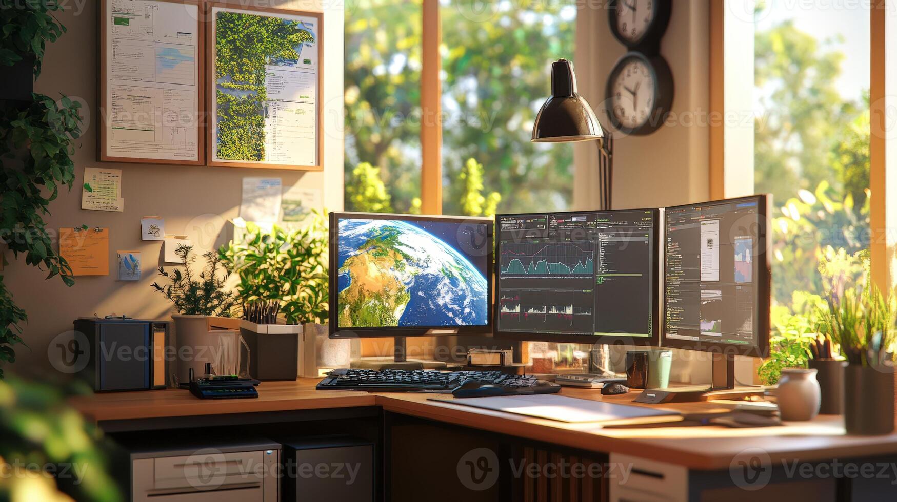 Home office workspace with multiple monitors and natural light. photo