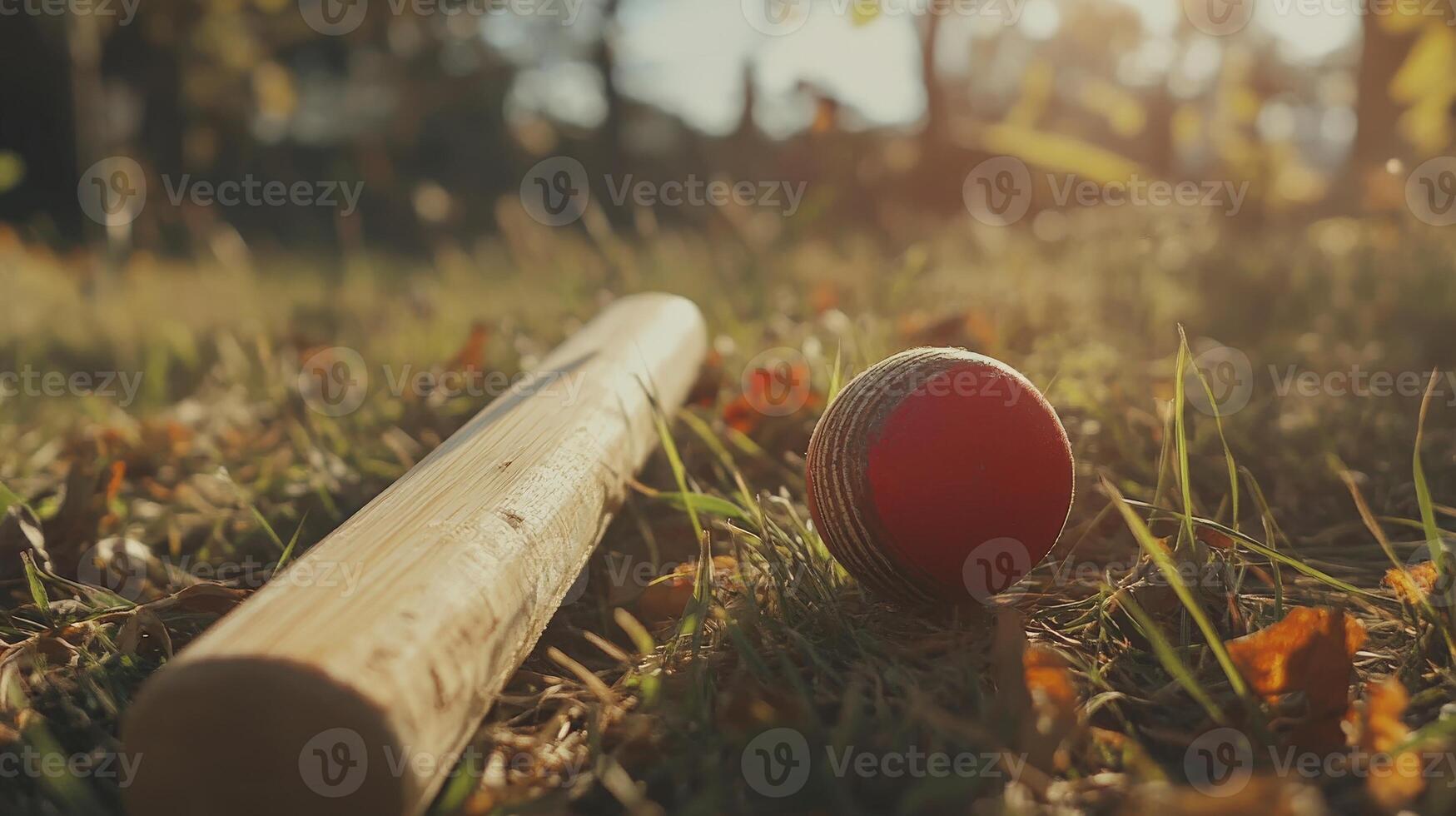 Wooden bat and ball on autumnal grass. photo