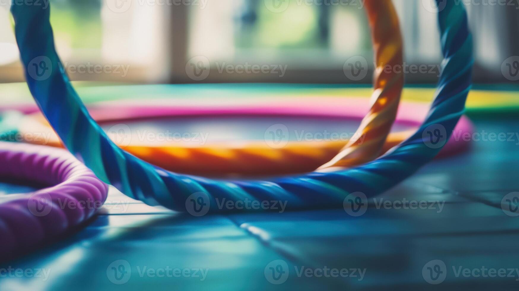 Close-up view of colorful plastic jump ropes on tiled floor. photo