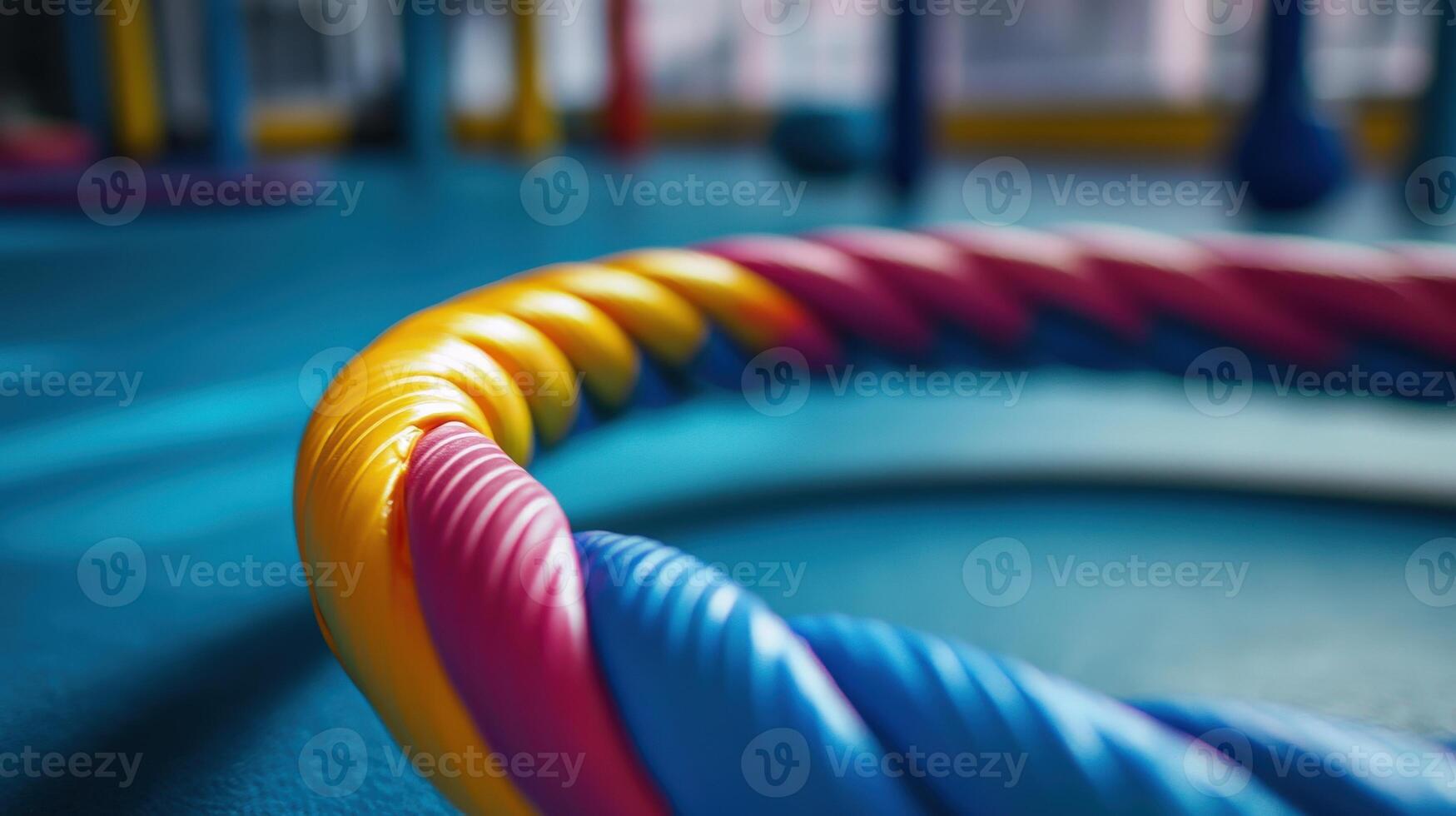 Close-up view of a colorful exercise hoop on a vibrant floor. photo