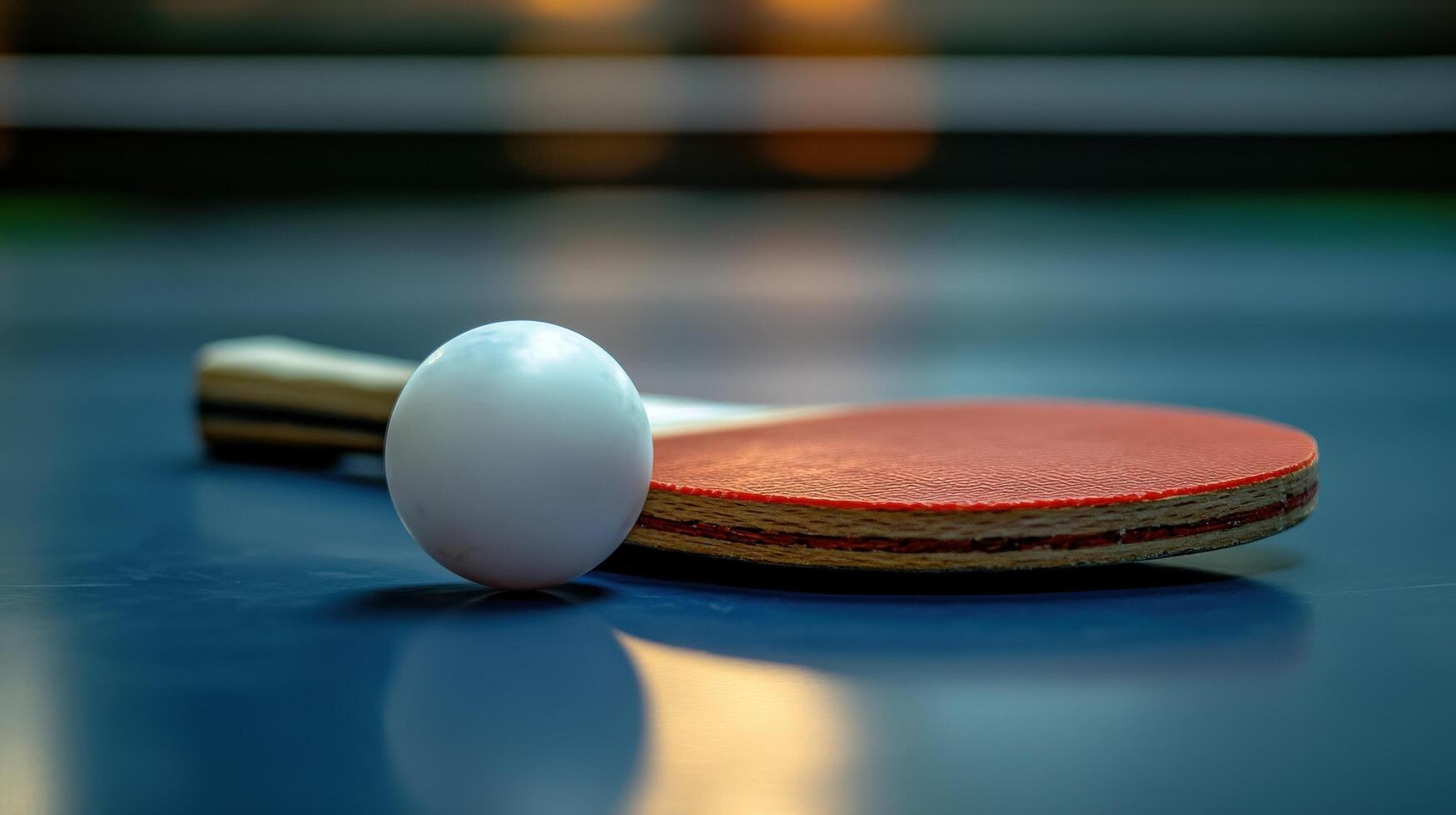 A ping pong paddle and ball on a table photo