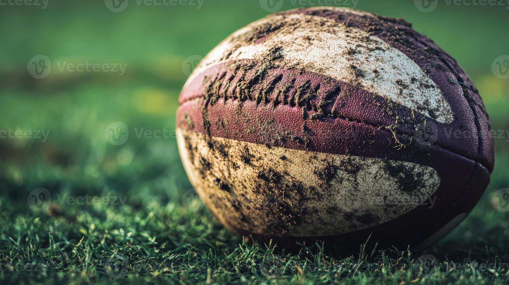 Close-up of a grimy football on a grassy field. photo