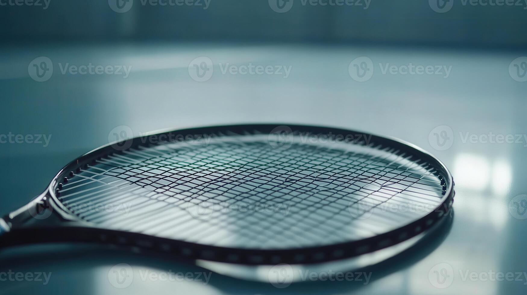 Close-up view of a tennis racket on a smooth surface. photo