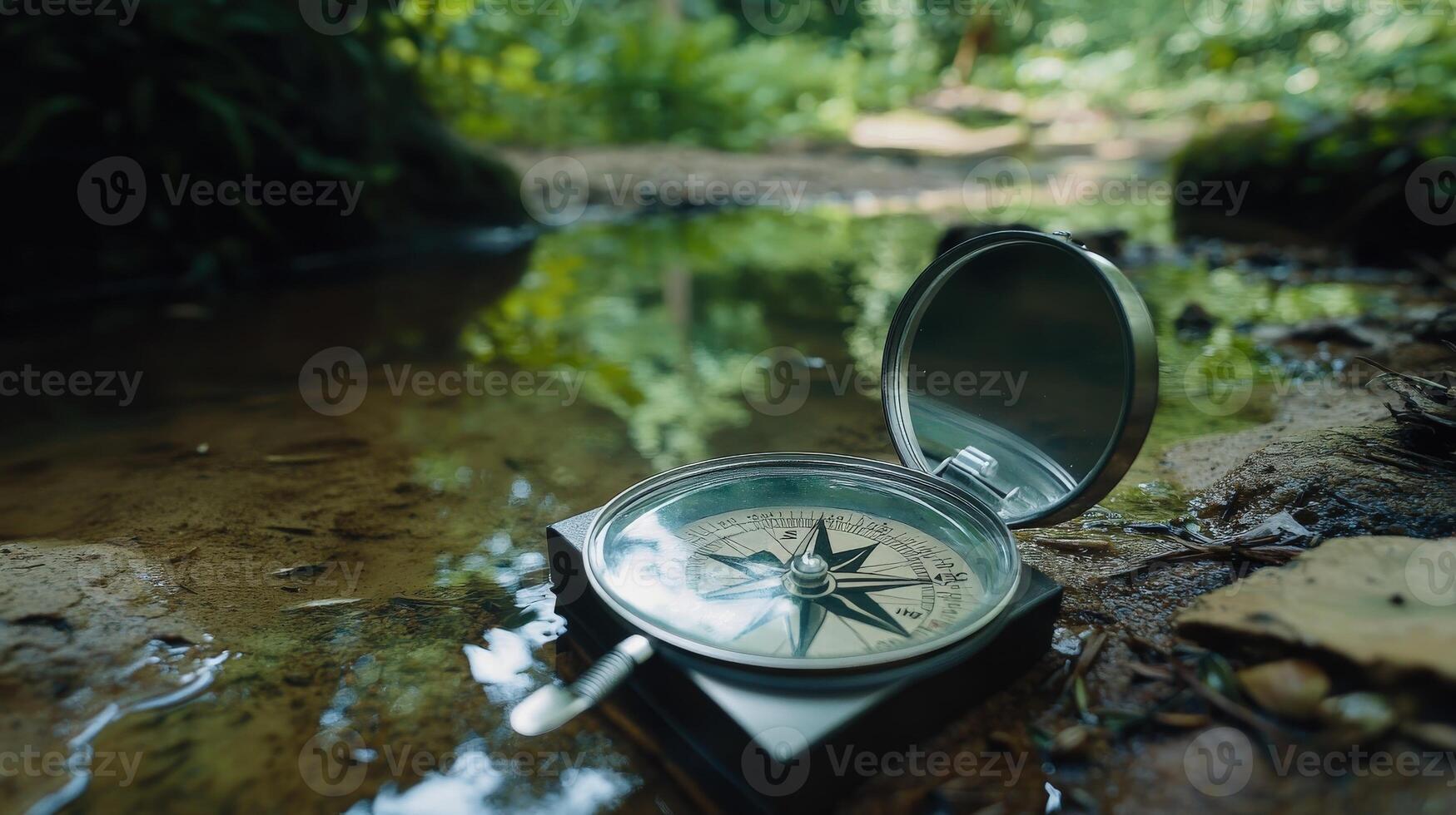 A vintage compass rests in a shallow forest stream. photo