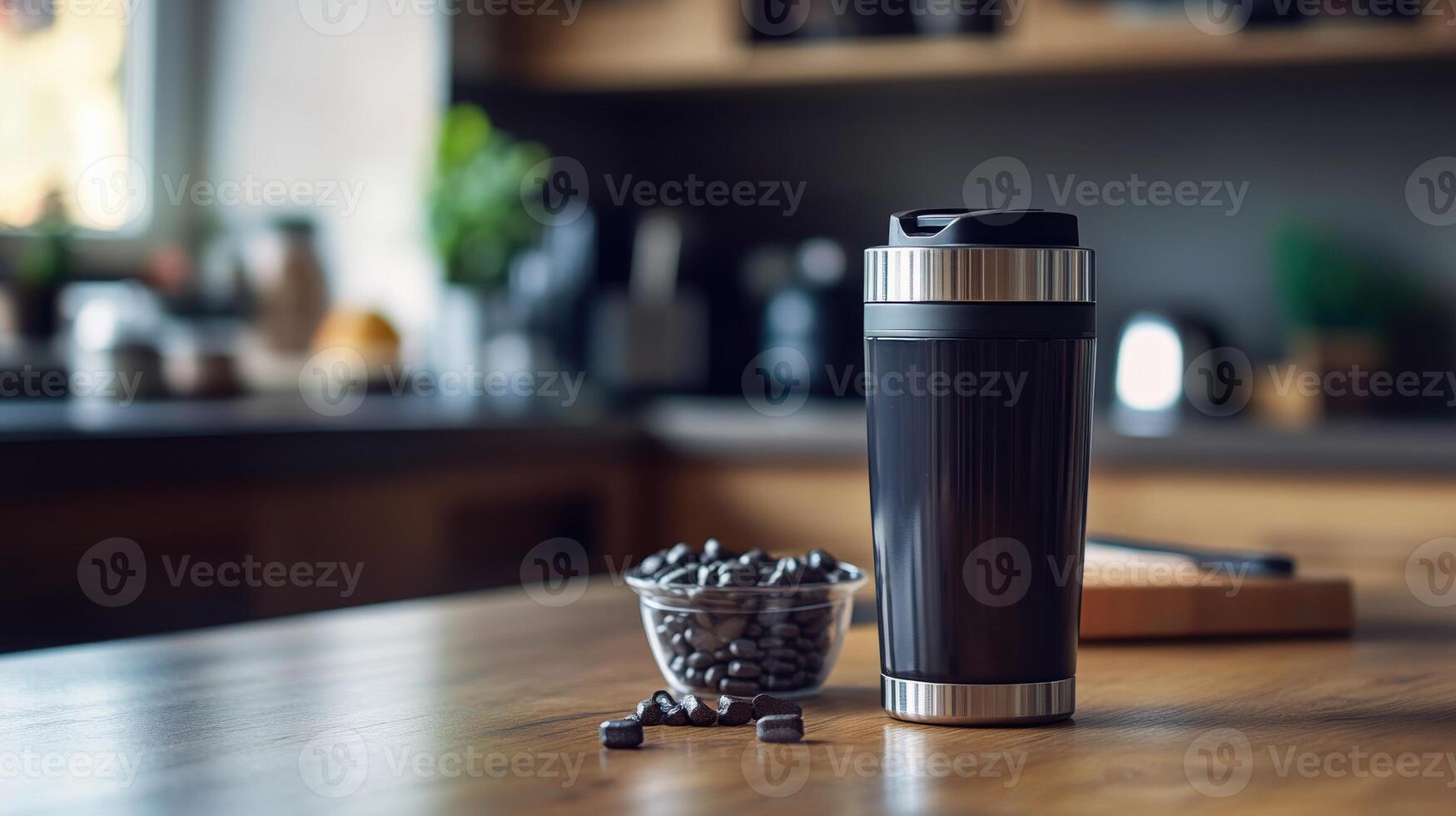 Dark gray travel mug beside a small bowl of coffee beans on a wooden kitchen table. photo