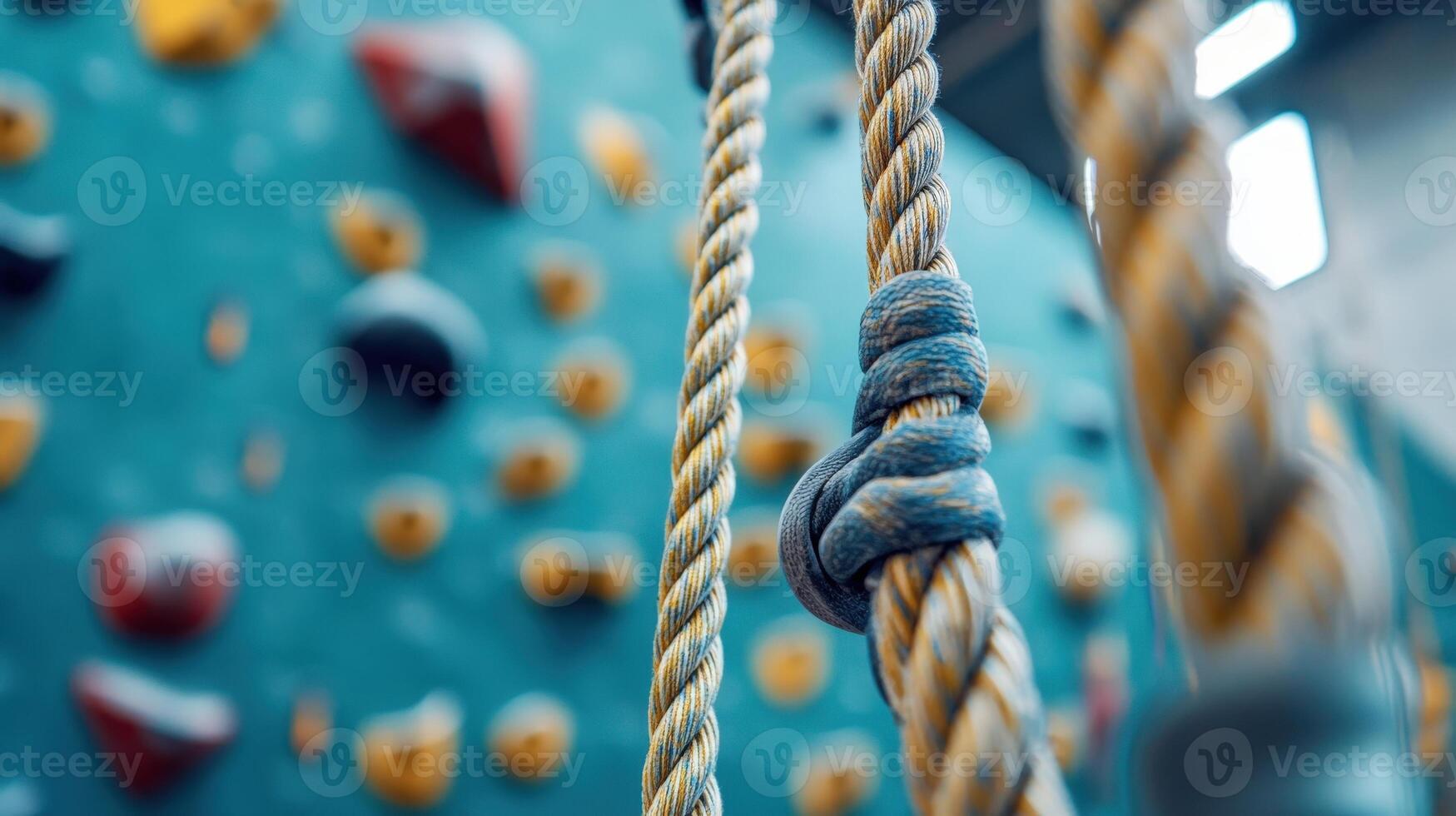 Close-up view of climbing ropes against a textured wall. photo